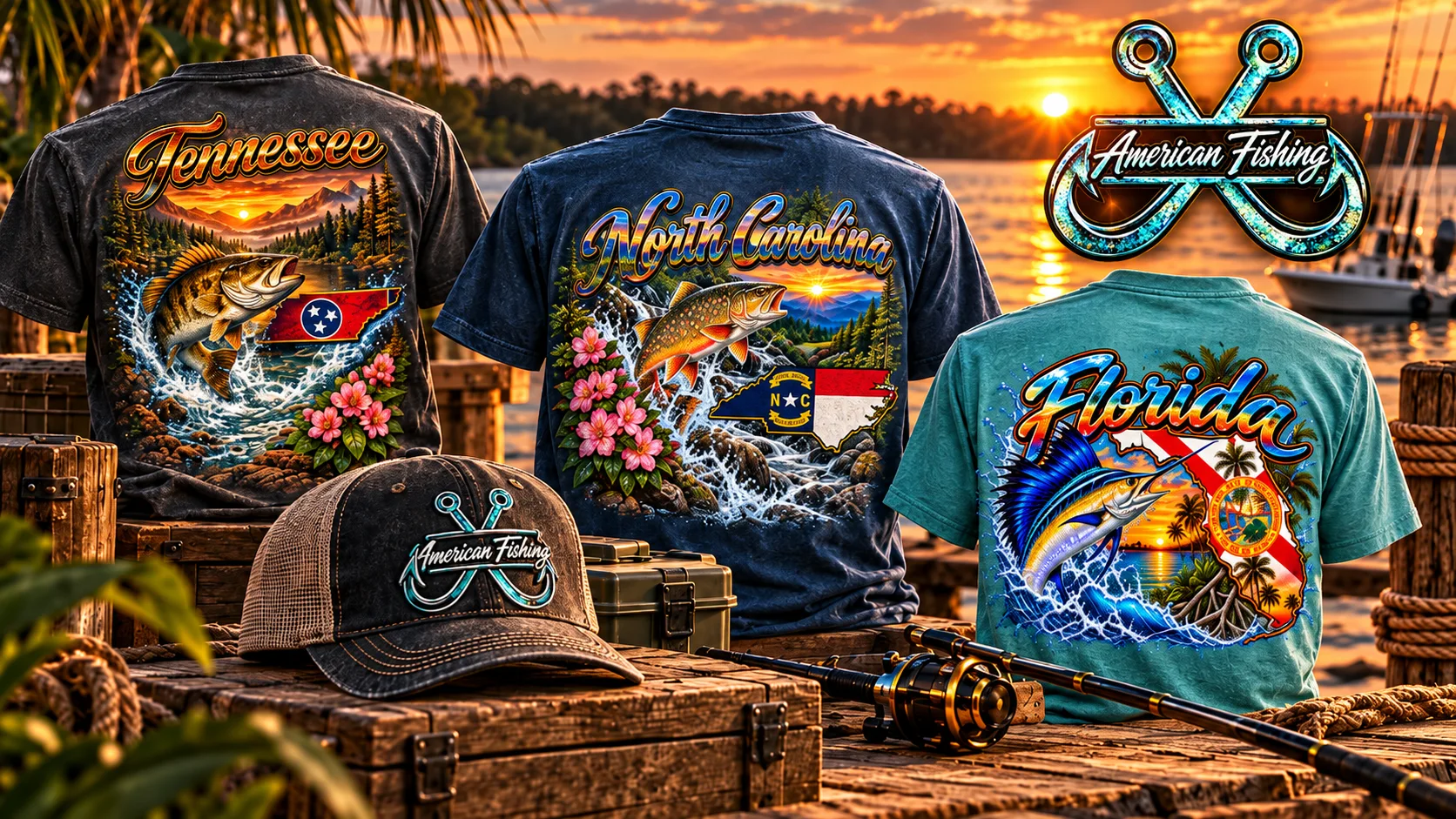 American Fishing shirts photographed alongside fishing gear